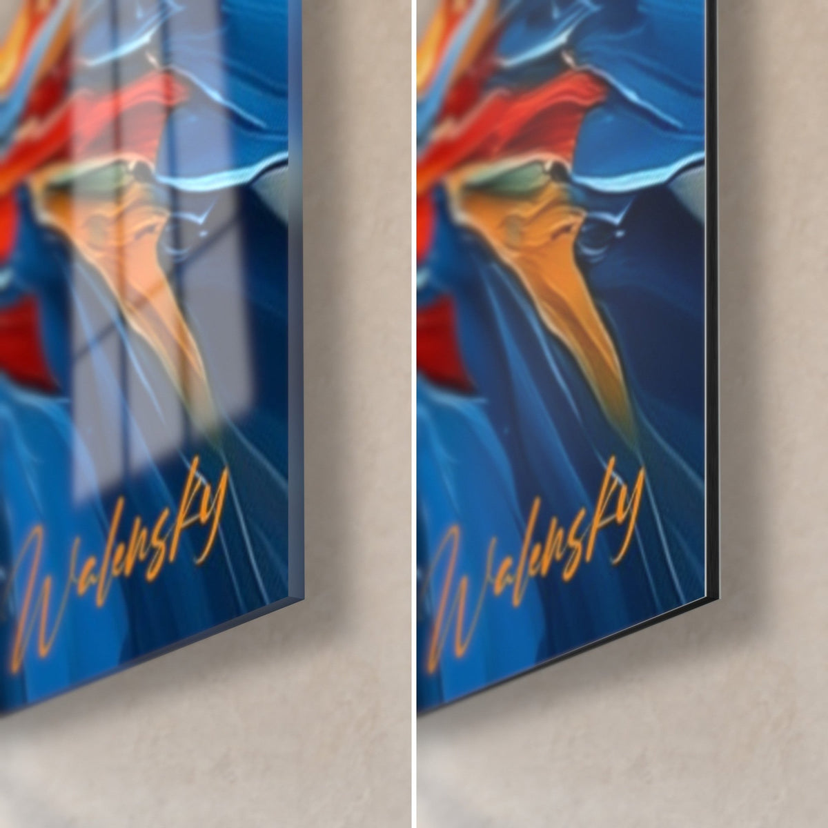 Tableau oiseau aquatique bleu et orange, coin bas droit : verre brillant à gauche, Dibond mat à droite, tranche de 3 mm