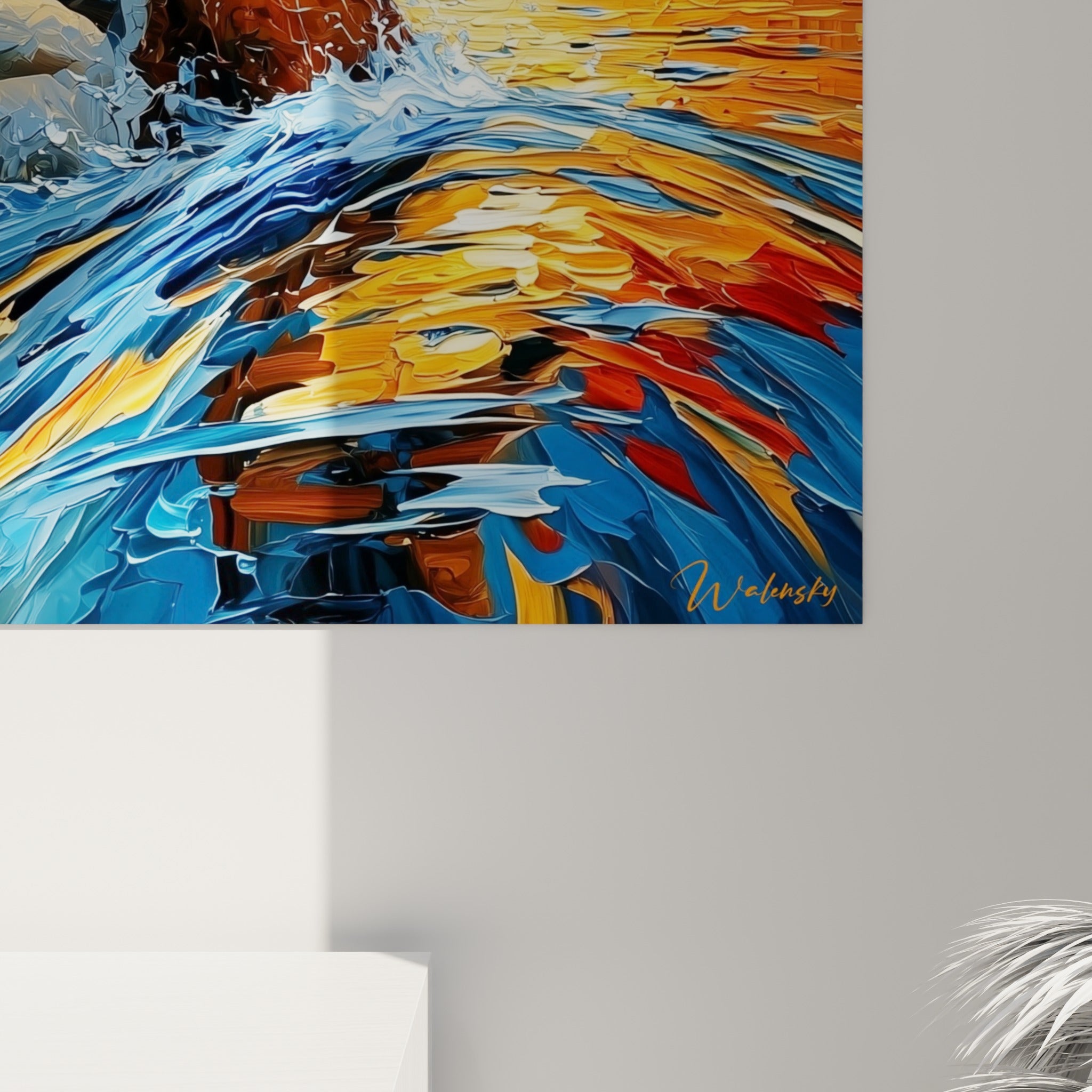 Empâtements bleu marine et dorés visibles de près, coulures de peinture formant la vague sous le bec jaune