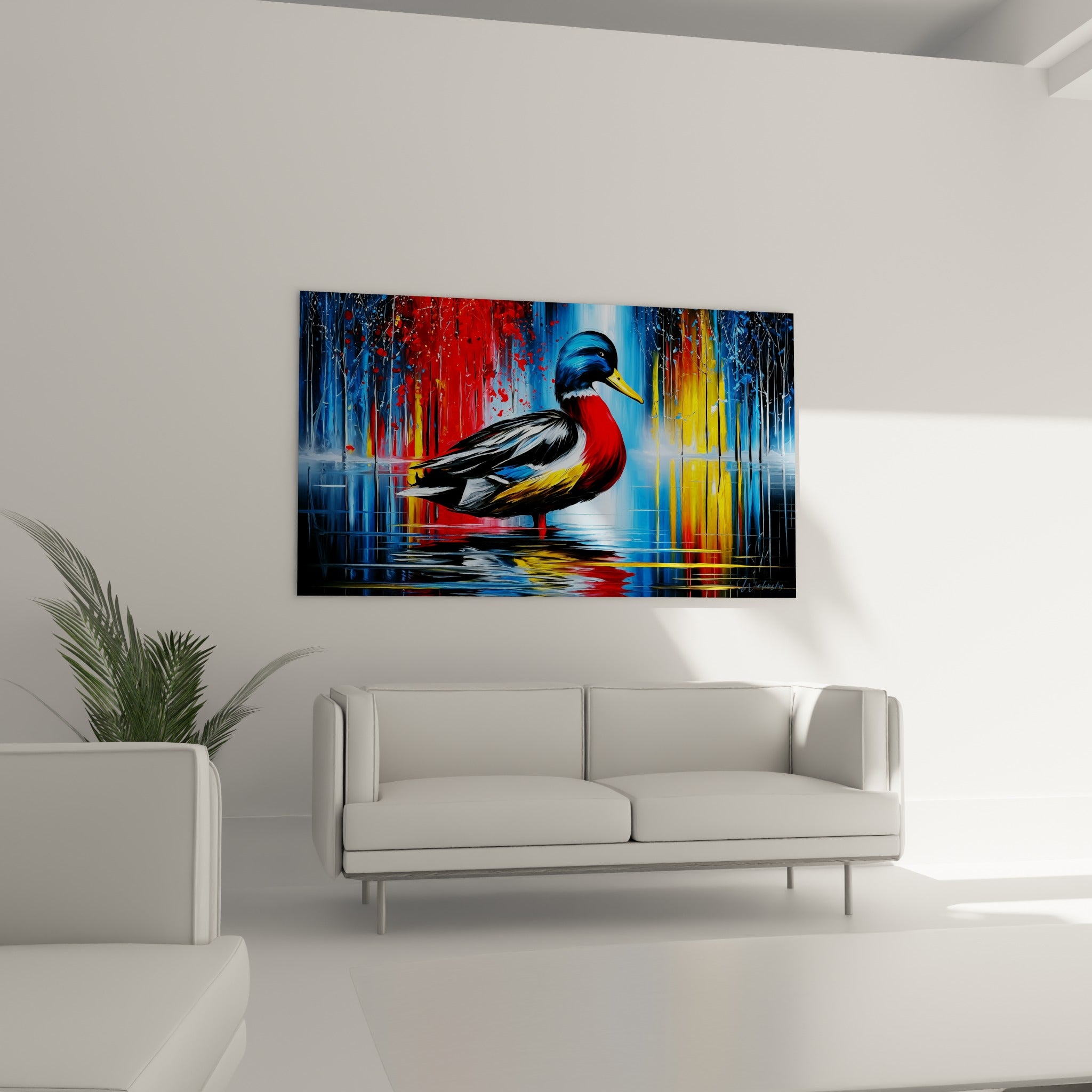 Oiseau aquatique aux teintes rouge et bleu profond, positionné au-dessus d'un canapé dans un salon lumineux