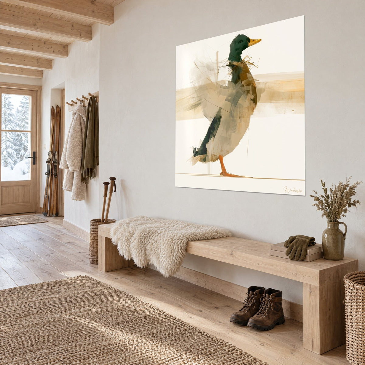 Tableau oiseau aquatique de profil, plumage crème et vert sombre, bande ocre en fond, vu de trois-quarts dans un chalet boisé