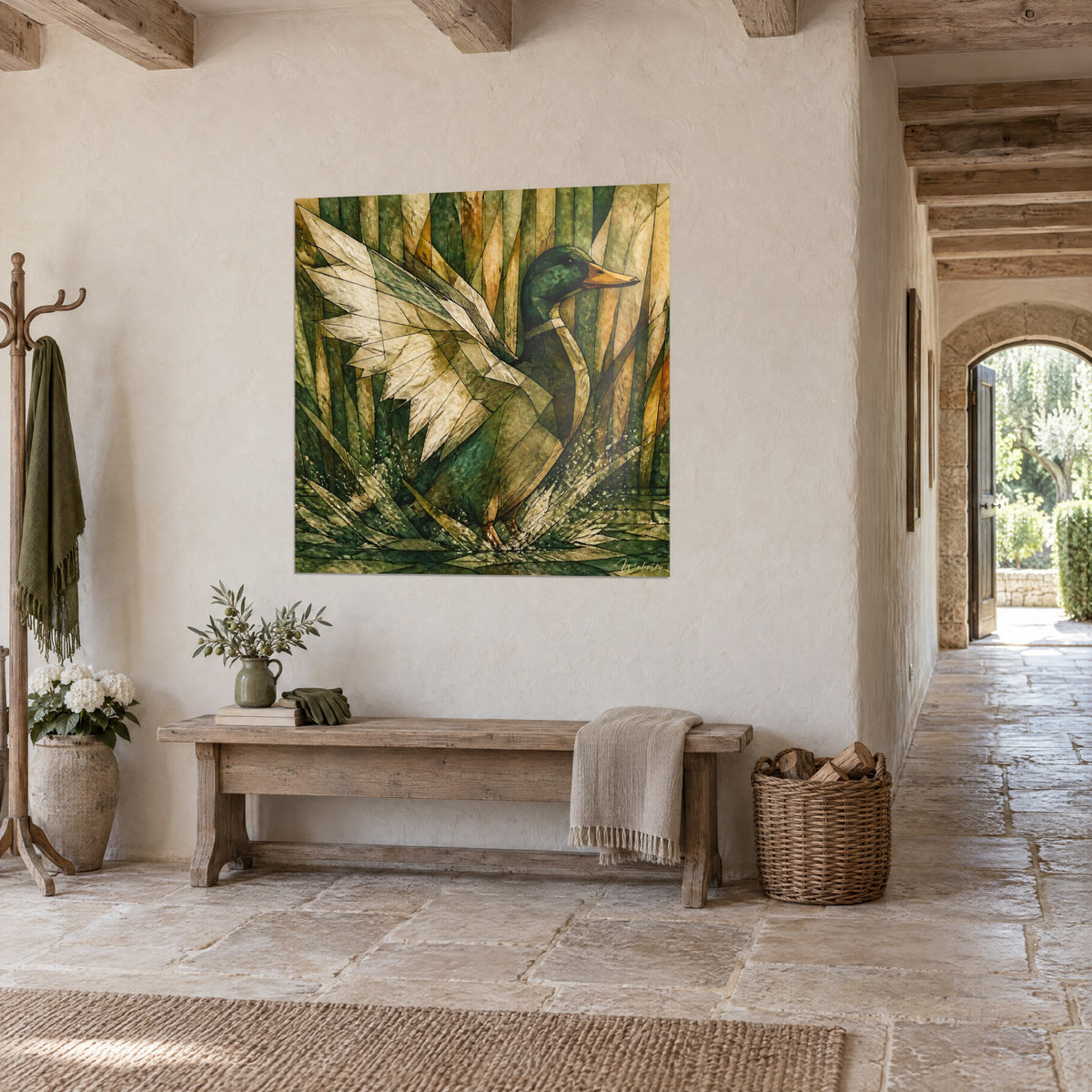 Wall art emerald waterbird in full flight, angular cream feathers against a backdrop of green and gold reeds, stone corridor