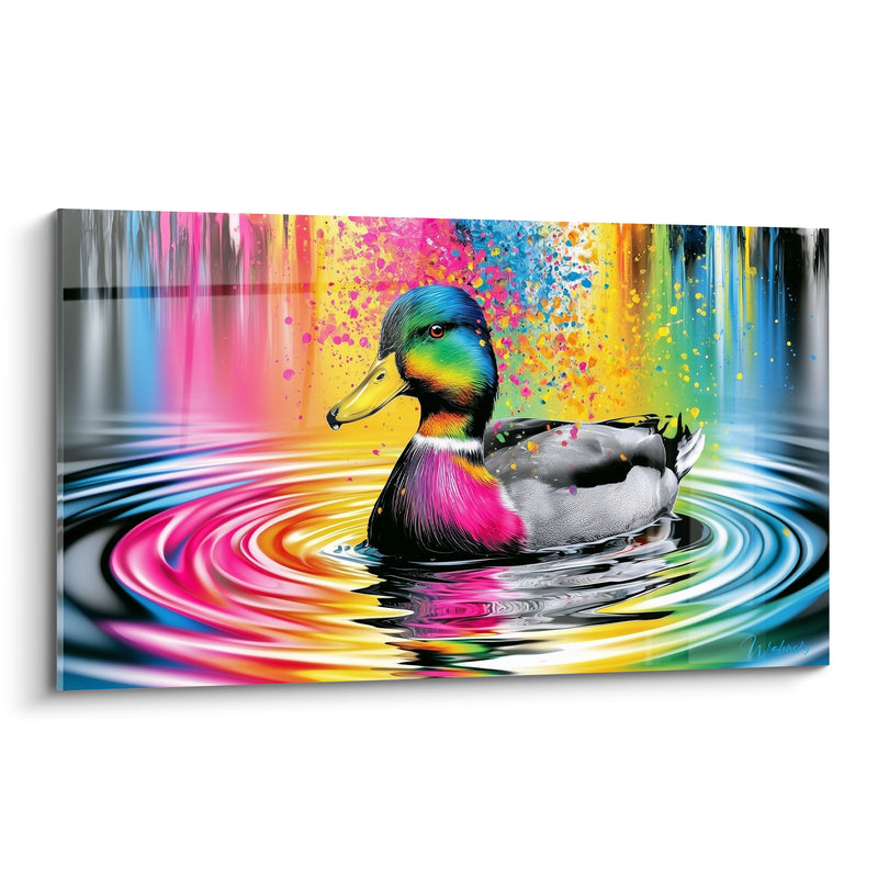 Tableau Colvert gris et rose sur eau irisée en cercles - Éclaboussure multicolore verticale - Edition Canard