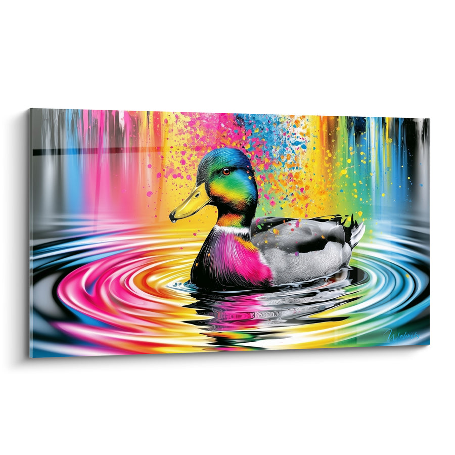 Cuadro de Pato Verde Gris y Rosa sobre Agua Irisada en Círculos - Salpicadura Multicolor Vertical - Edición Canard