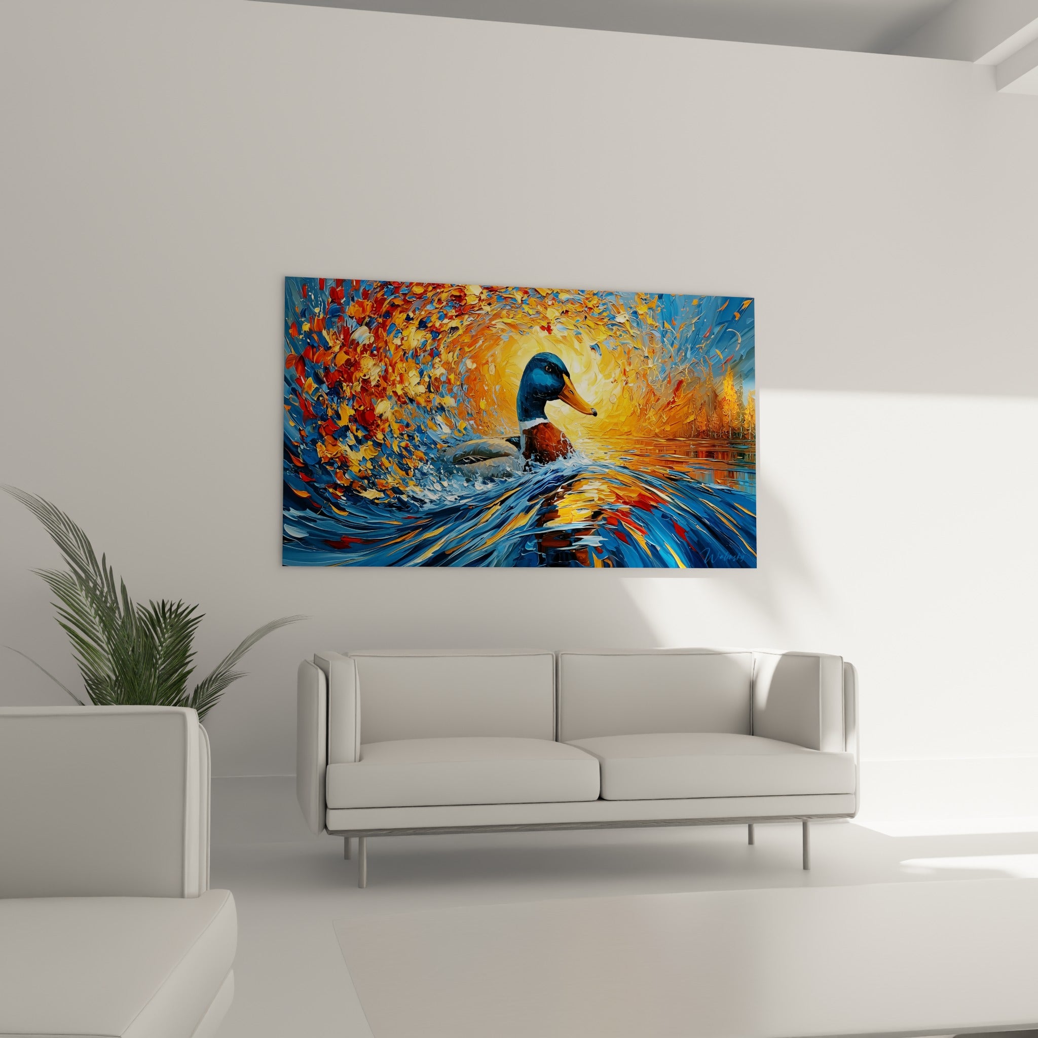 Oiseau aquatique bleu nuit et gorge blanche sur fond doré, placé au-dessus d'un canapé dans un salon lumineux