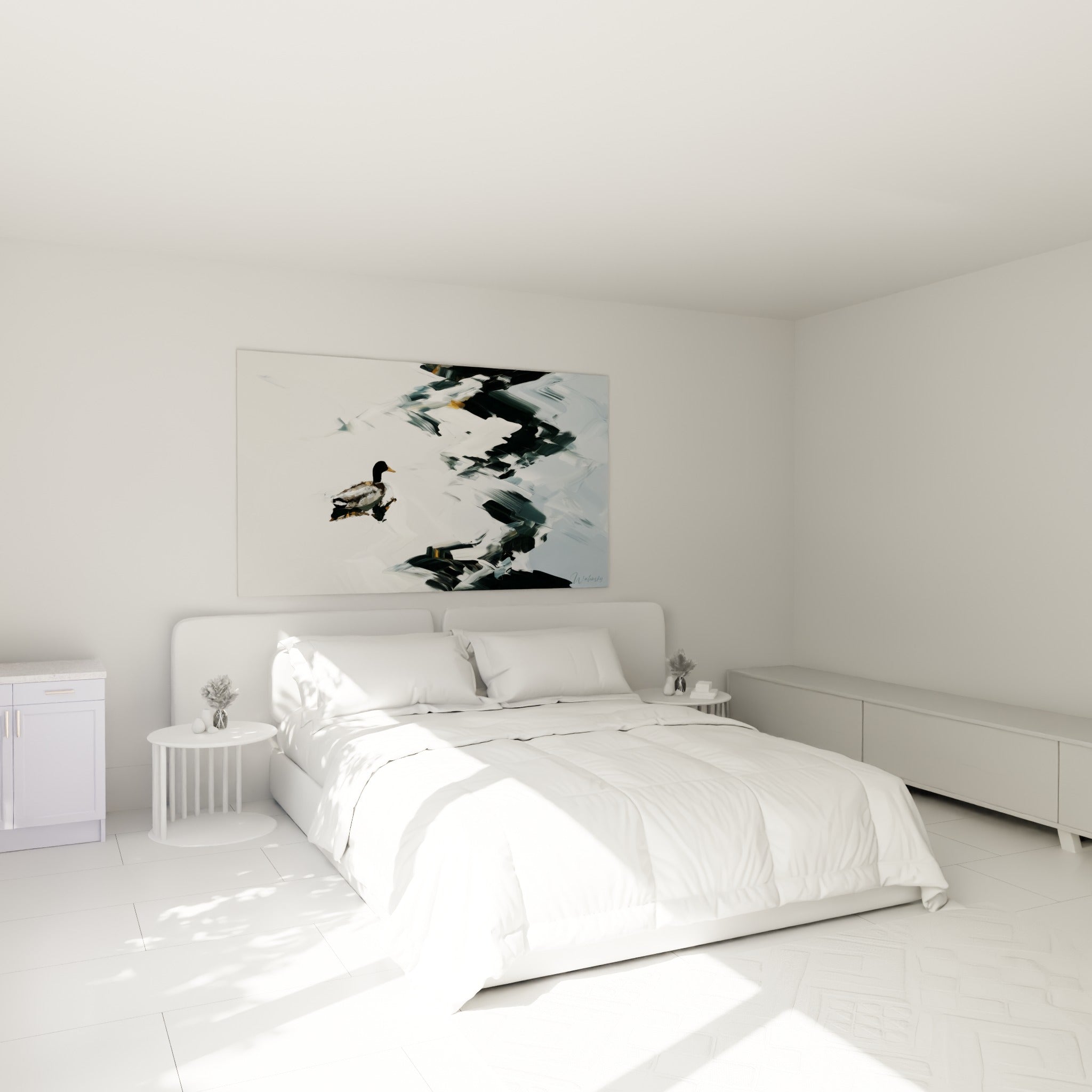 Colvert isolé sur fond blanc et anthracite, accroché au-dessus d'un lit dans une chambre claire