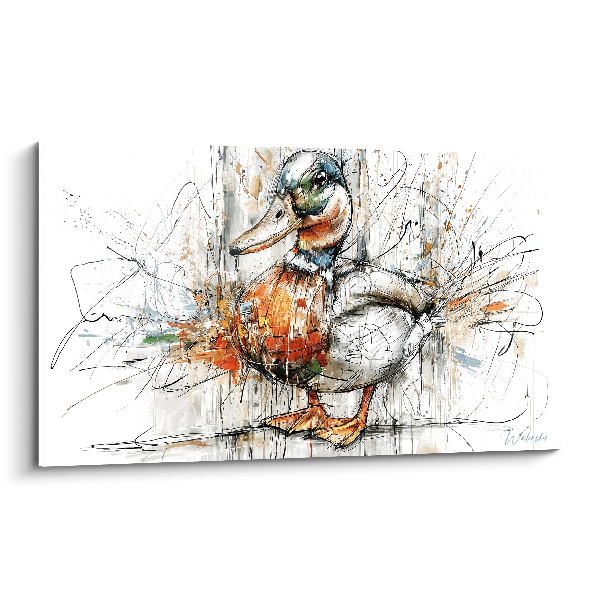 Canard colvert esquissé en orange et vert, entouré d'éclats gris et noirs sur fond blanc