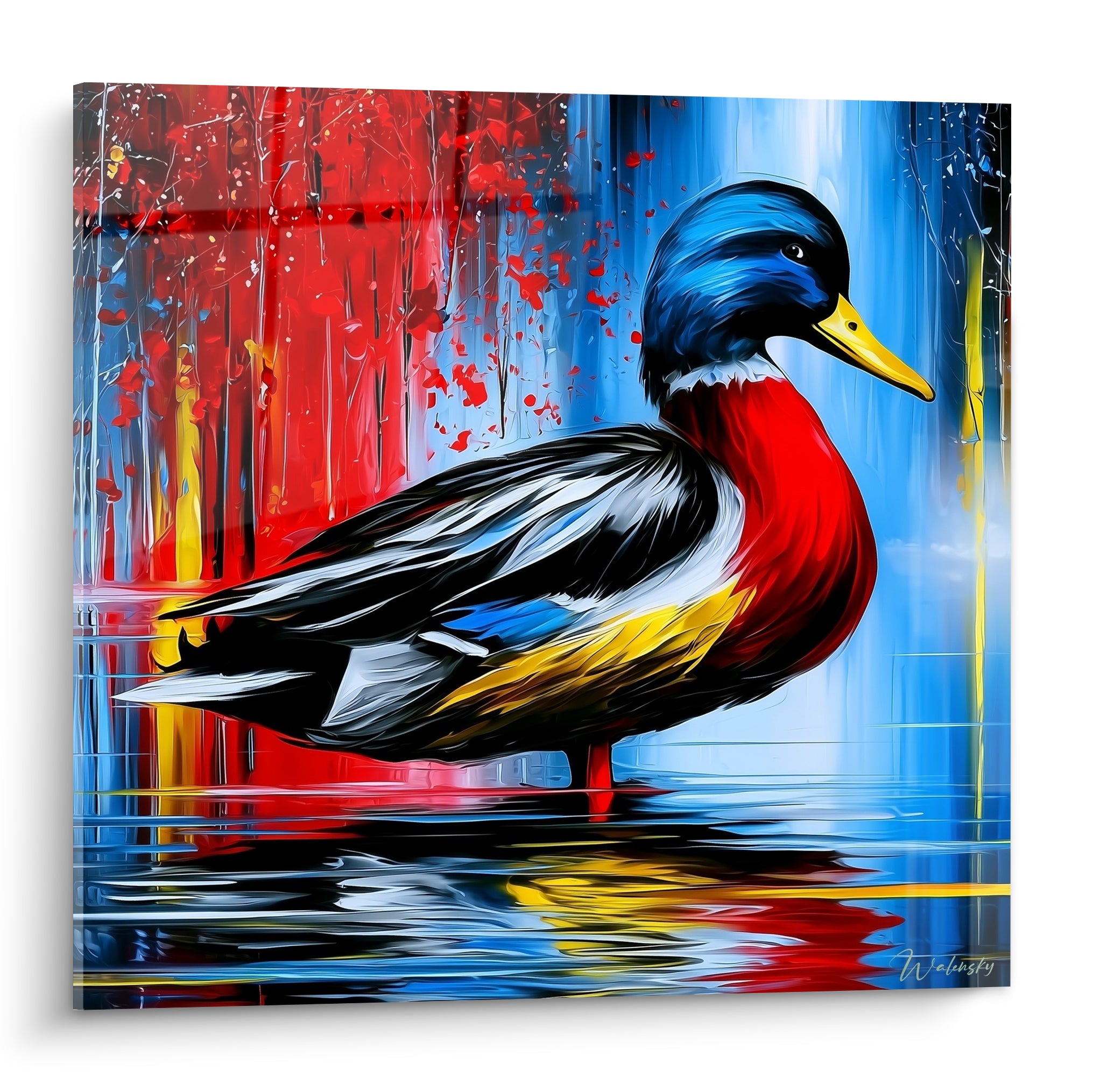 Canard colvert au poitrail rouge vif et tête bleu marine sur fond de coulures rouge et bleu