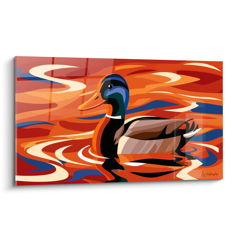 Tableau Canard colvert sur eau rouge orangée - Nage incandescente - Edition Canard