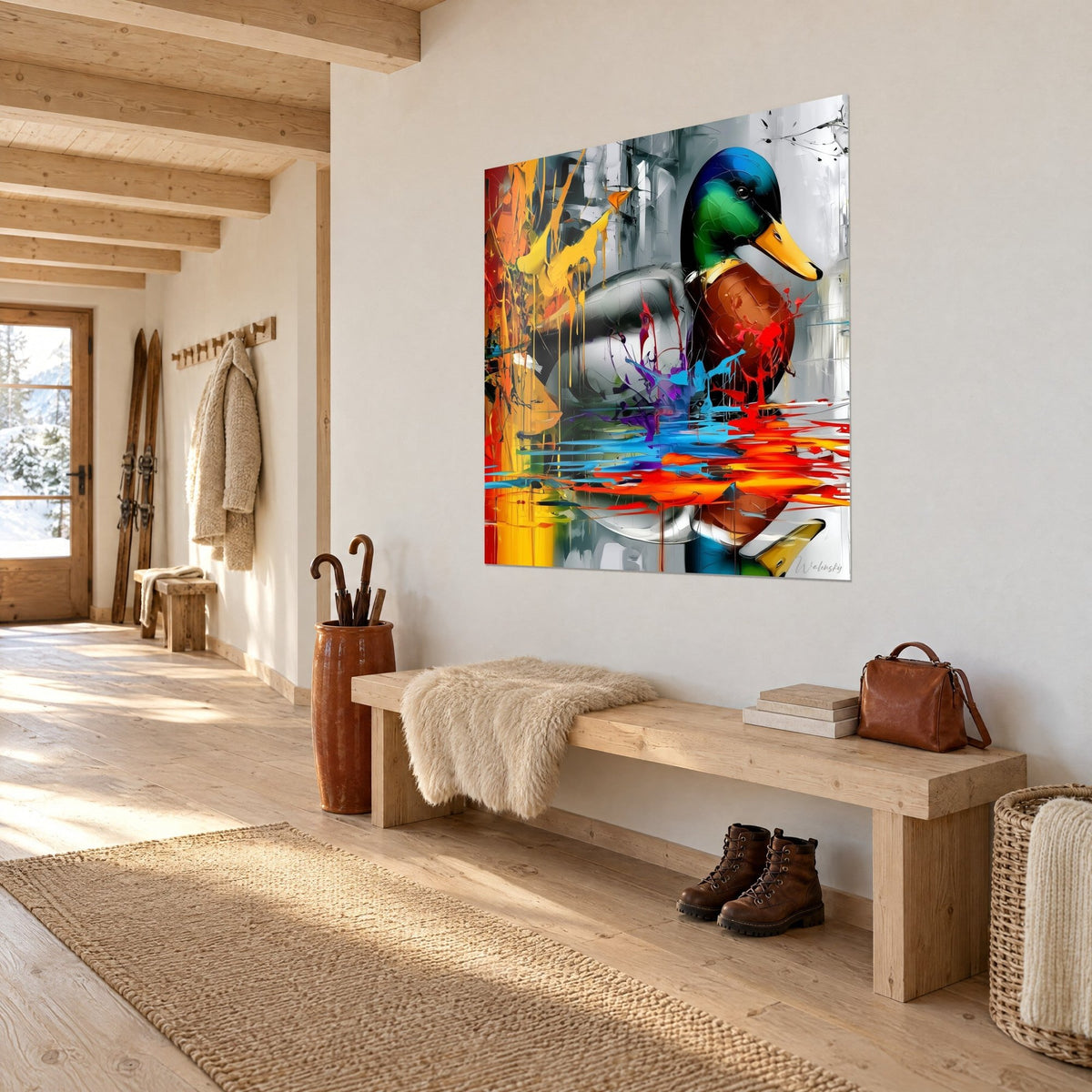 Tableau mallard au bec orangé et au plumage roux, reflets bleus et orange sur l'eau, mur blanc d'une entrée en chalet