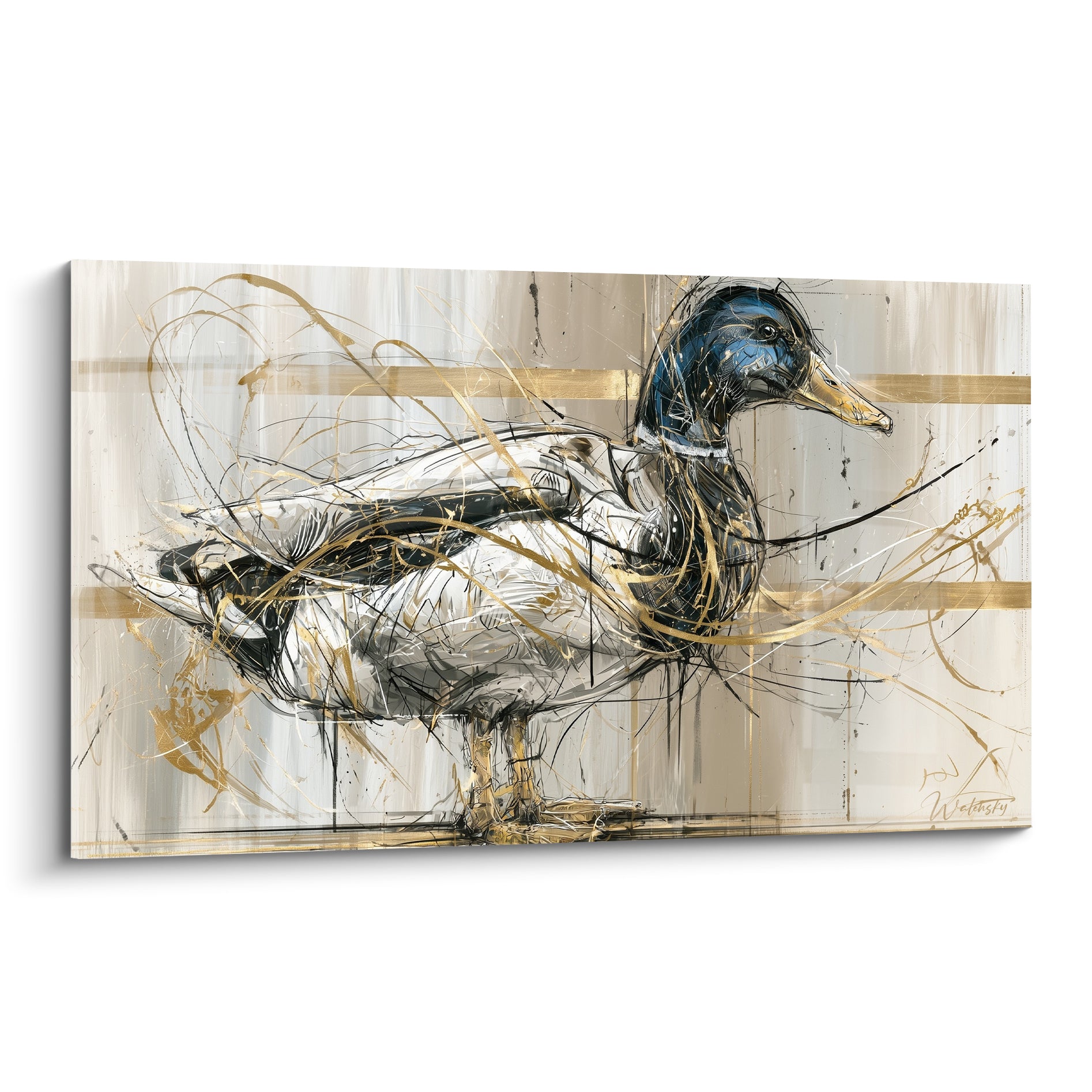 Canard colvert à tête bleu marine et corps blanc traversé de filaments dorés sur fond beige