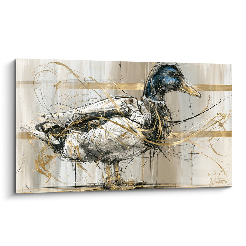 Tableau Colvert blanc et bleu debout sur bandes horizontales dorées - Posture immobile - Edition Canard