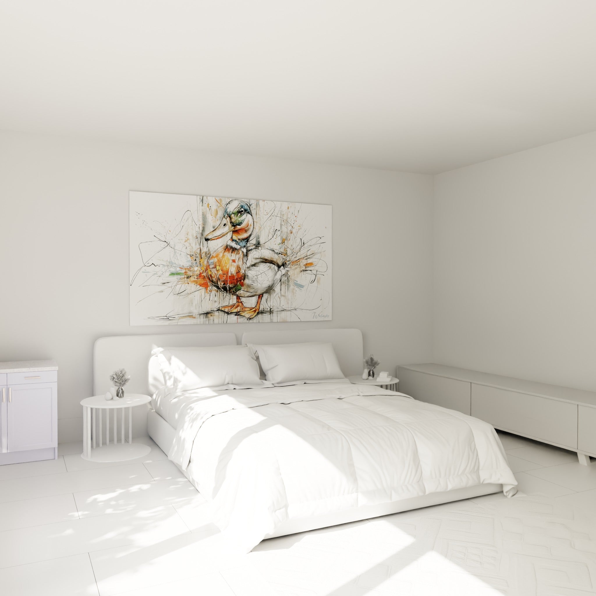 Colvert graphique aux touches orange et blanc, accroché au-dessus d'un lit dans une chambre claire