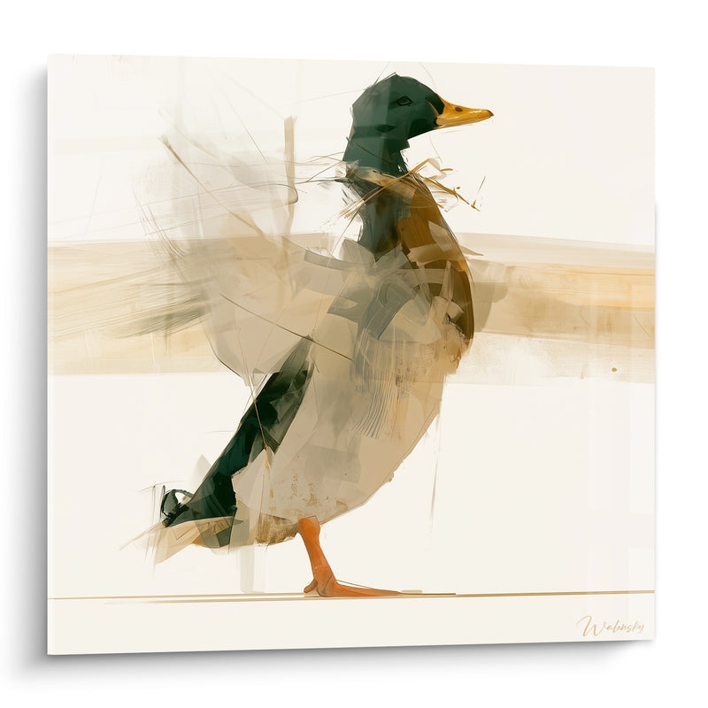 Tableau Canard colvert vert émeraude et ocre - Pas sur la berge - Edition Canard