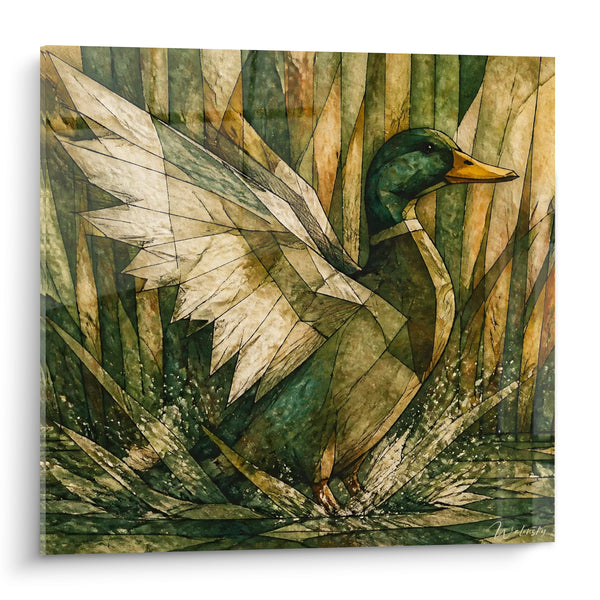 Tableau Canard colvert vert et ocre ailes déployées - Envol jailli des roseaux - Edition Canard