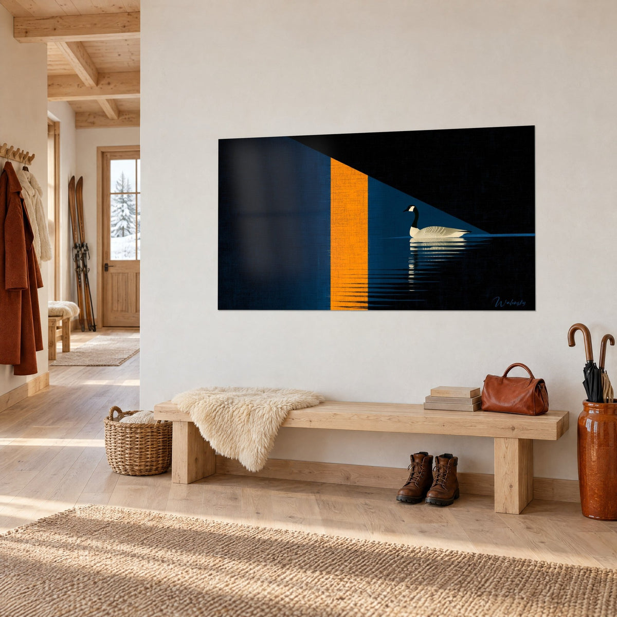 Tableau oie au plumage crème et col noir, reflets rayés sur l'eau sombre, bande orangée géométrique, posé sur un mur blanc de chalet