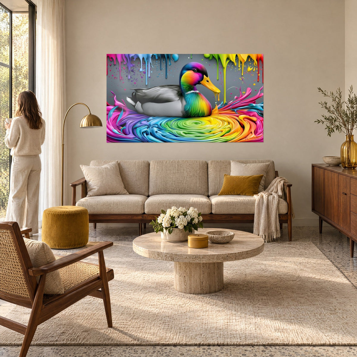 Tableau colvert au plumage arc-en-ciel, corps gris et bec jaune, sur peinture fluide, femme de dos, au-dessus d'un canapé dans un salon lumineux