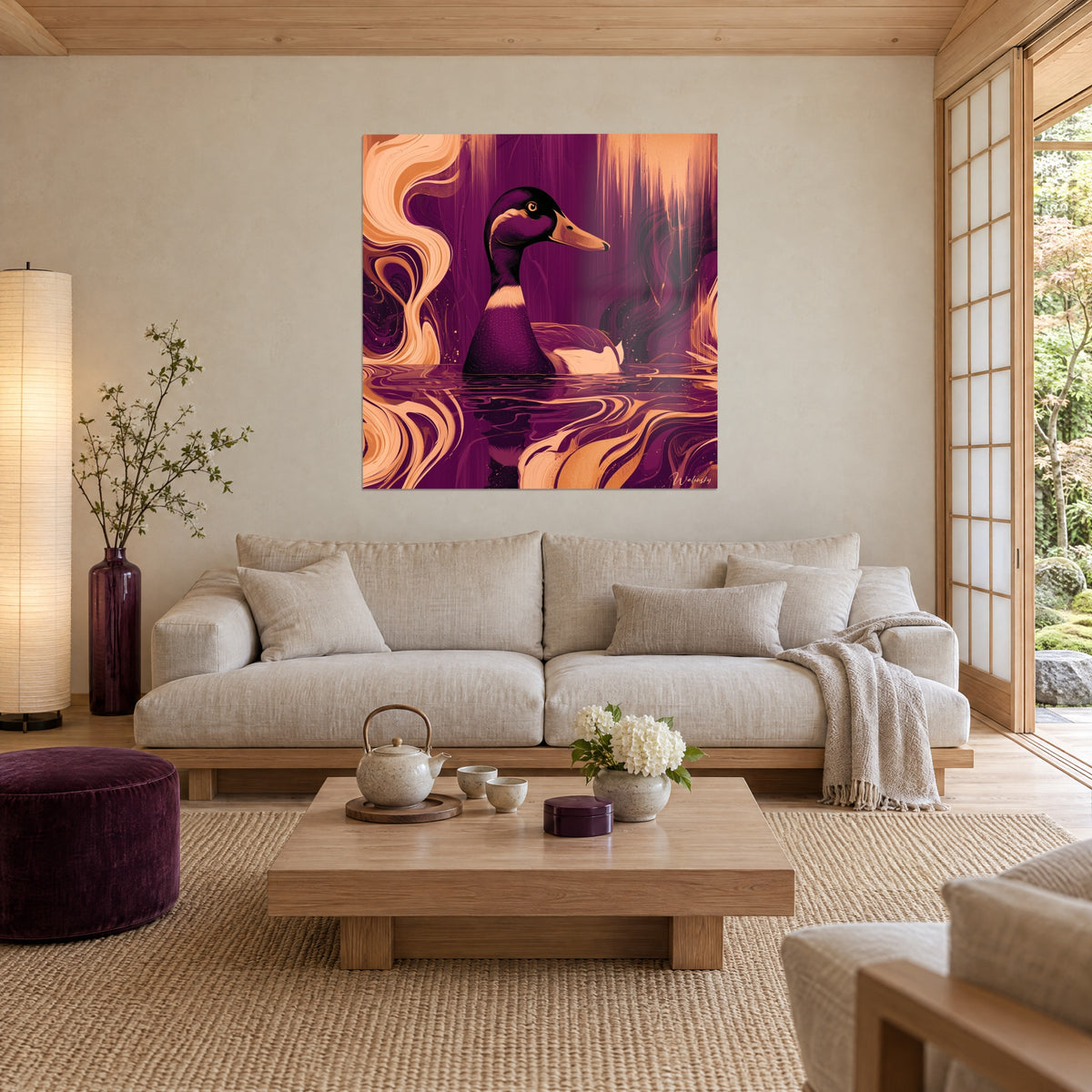 Gemälde einer Stockente mit violettem Kopf, die über Wasser gleitet, Wirbel in Pfirsich und Pflaume, über einem Sofa in einem hellen Wohnzimmer