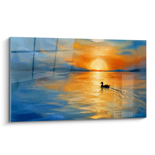Tableau Canard silhouette bleu et orange au crépuscule - Silence du crépuscule - Edition Canard