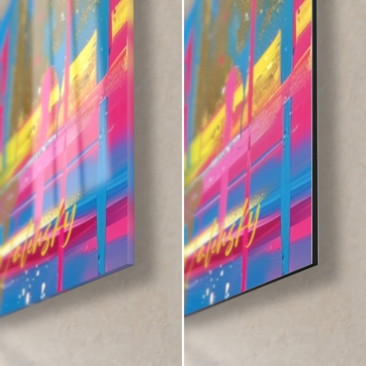 Quadro di un uccello acquatico rosa e blu, angolo in basso a destra: vetro acrilico lucido a sinistra, alluminio Dibond opaco a destra, bordo da 3 mm