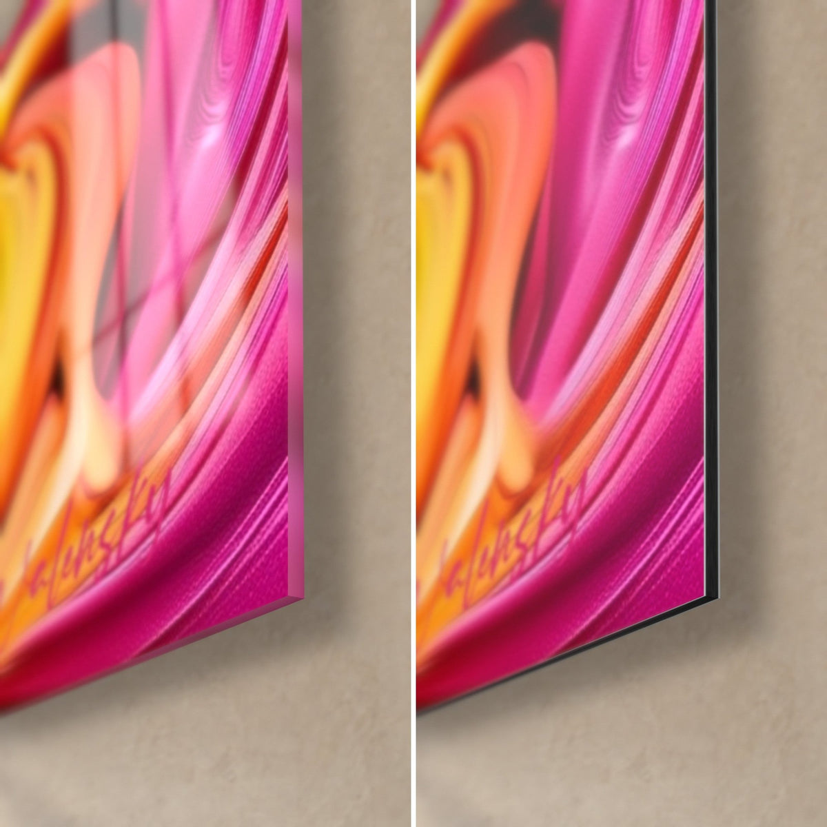Tableau palmipède arc-en-ciel, coin bas droit : verre brillant à gauche, alu Dibond mat rose et orange à droite, tranche de 3 mm visible