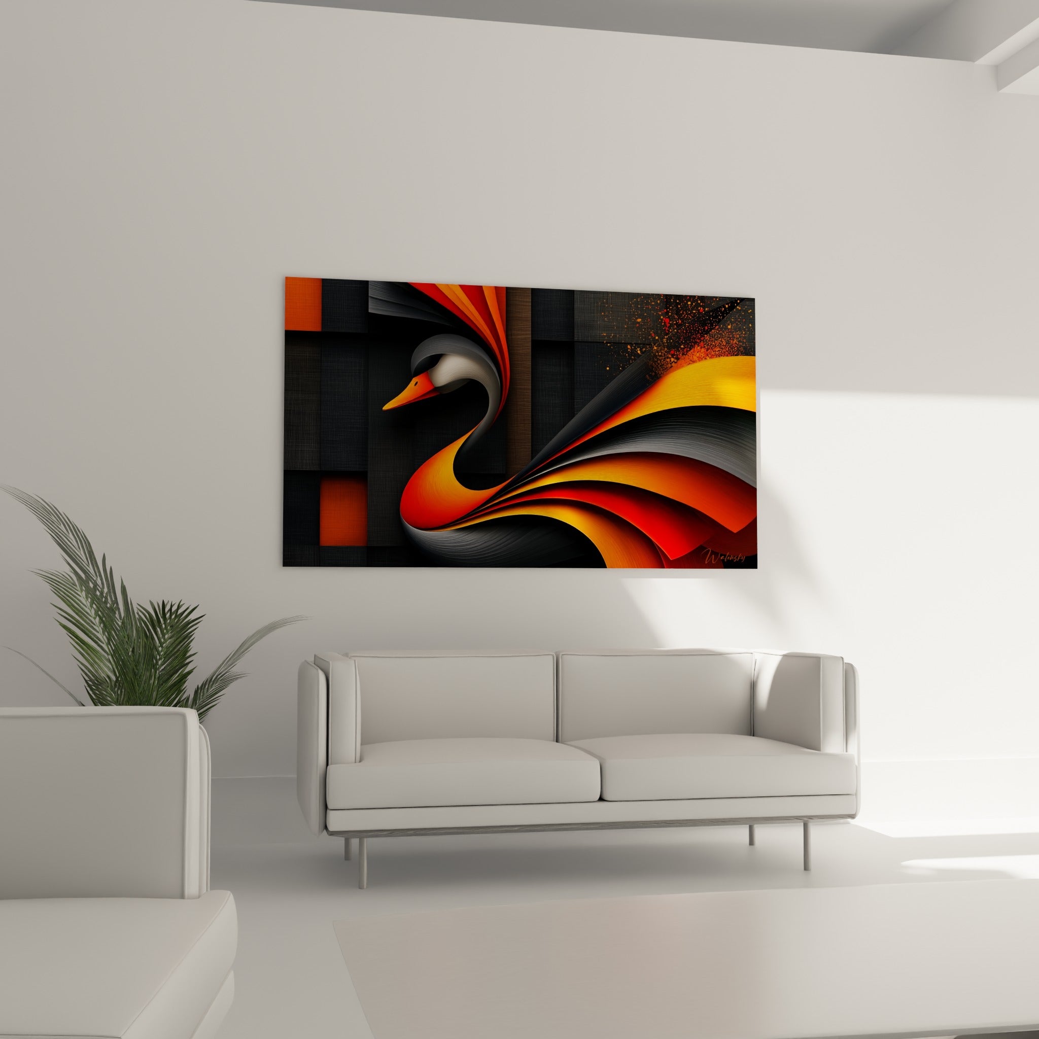 Plumage flamboyant orange et anthracite d'un canard graphique au-dessus d'un canapé dans un salon lumineux