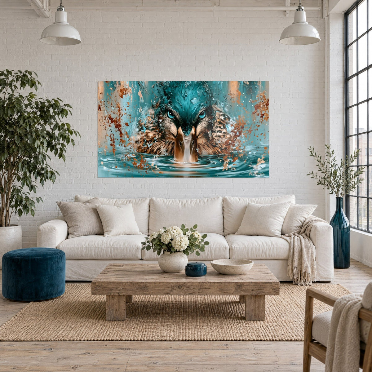 Tableau canard sarcelle aux yeux turquoise émergeant de l'eau, éclaboussures cuivre sur fond bleu, au-dessus d'un canapé dans un salon lumineux