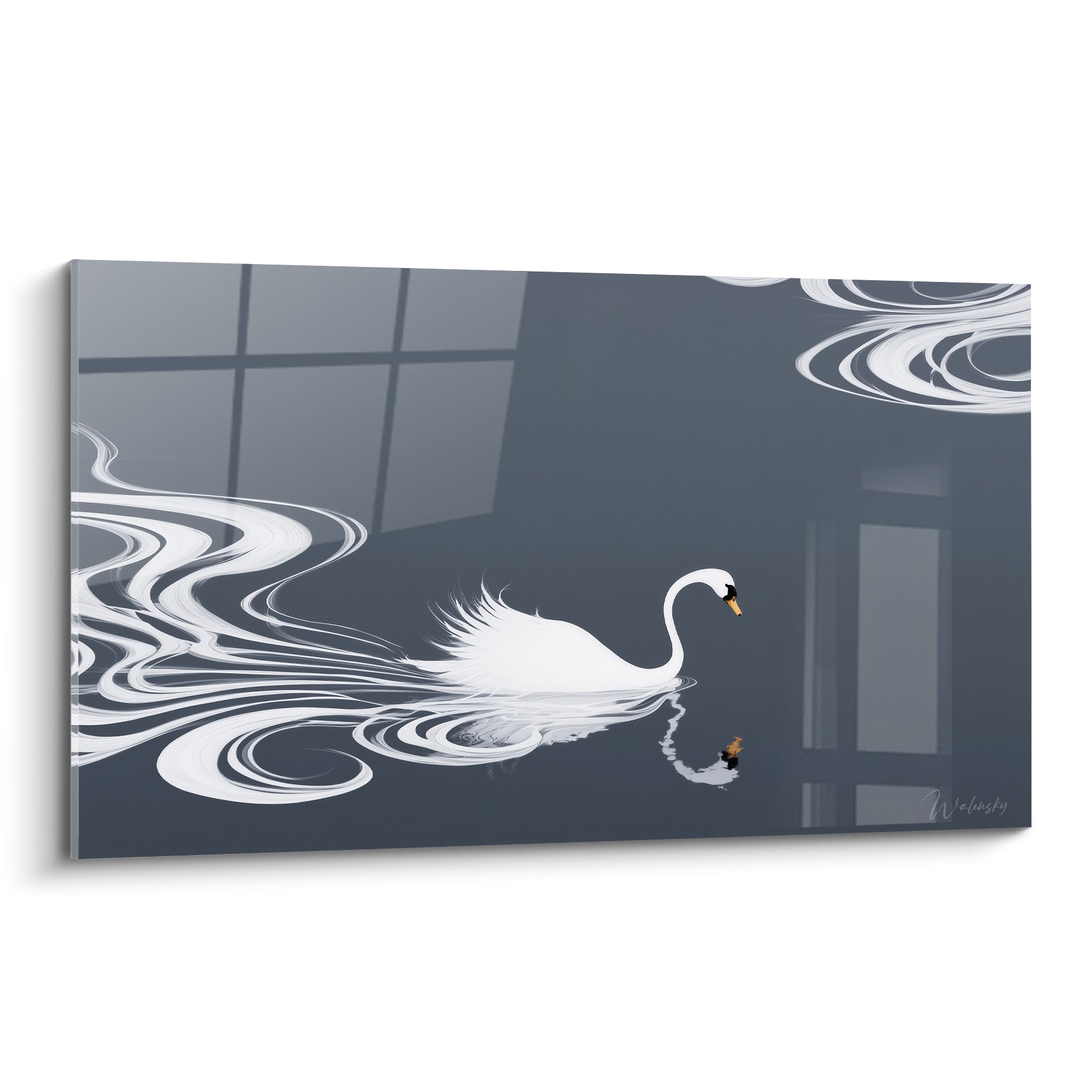 Cygne blanc glissant sur une eau anthracite aux ondulations graphiques, bec doré, style numérique épuré