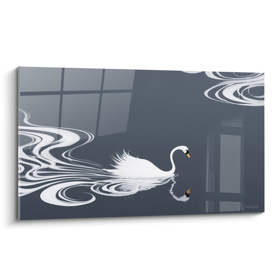 Cygne blanc glissant sur une eau anthracite aux ondulations graphiques, bec doré, style numérique épuré