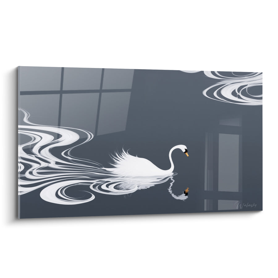 Cuadro Cisne Blanco y Gris con Volutas Torbellinadas - Reflejo de Ventana - Edición Canard
