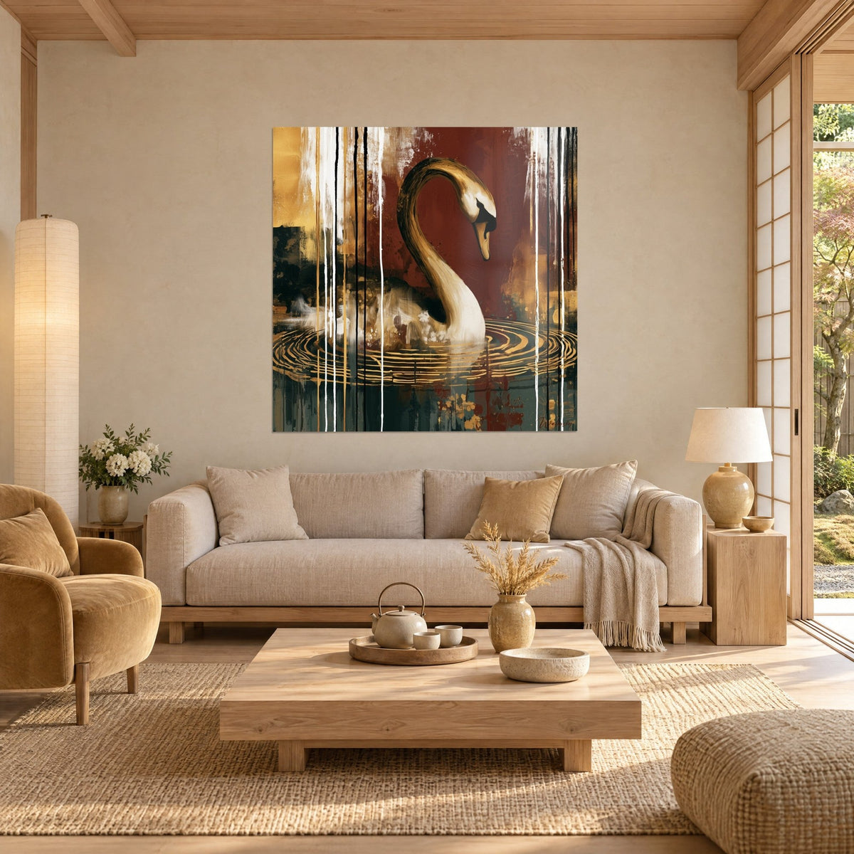 Tableau cygne au long cou doré sur fond bordeaux et coulures blanches, ondes cuivrées, au-dessus d'un canapé dans un salon lumineux