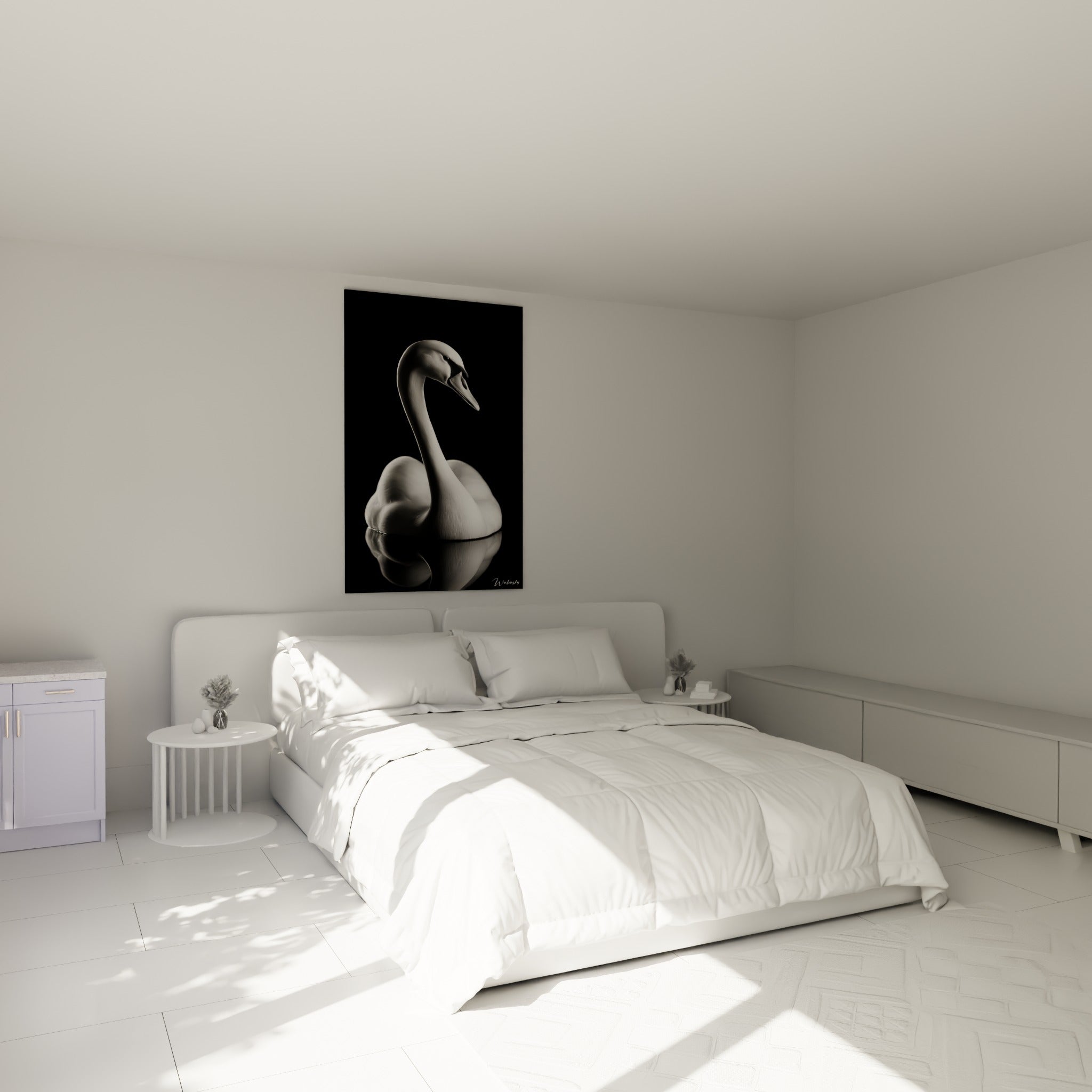 Silhouette immaculée du cygne blanc et noir accrochée au-dessus d'un lit dans une chambre claire