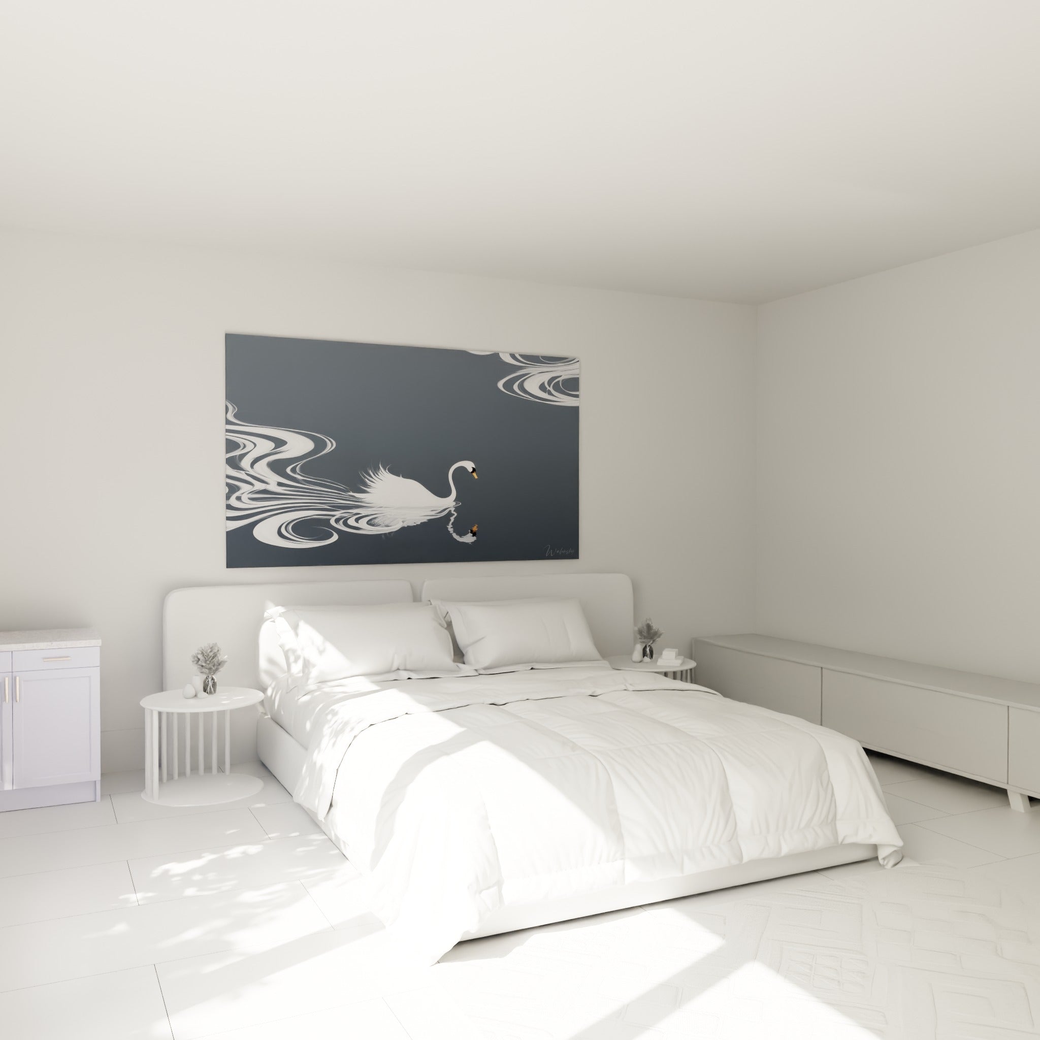 Cygne blanc aux ailes relevées sur fond gris anthracite, accroché au-dessus d'un lit dans une chambre claire