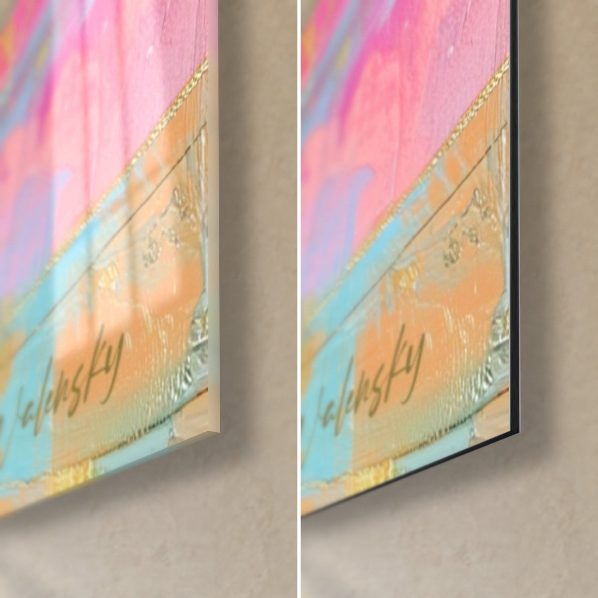 Tableau volatile rose et turquoise, coin bas droit : verre acrylique brillant à gauche, alu Dibond mat à droite, tranche de 3 mm