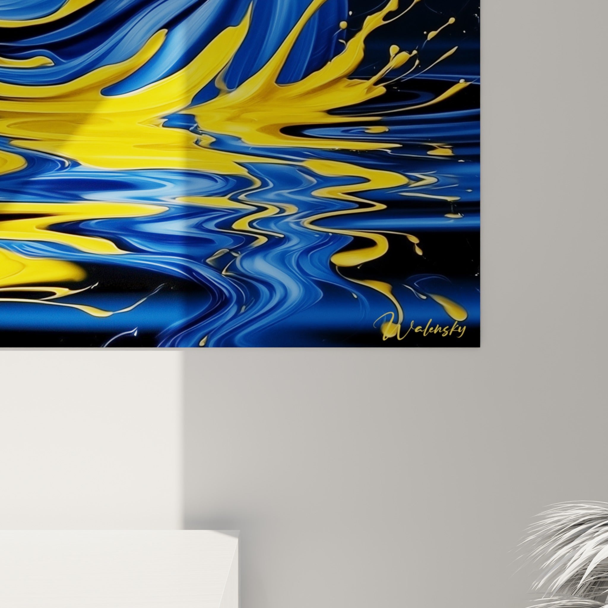 Détail des coulures bleu marine et jaune vif du canard, empâtements et texture liquide visibles