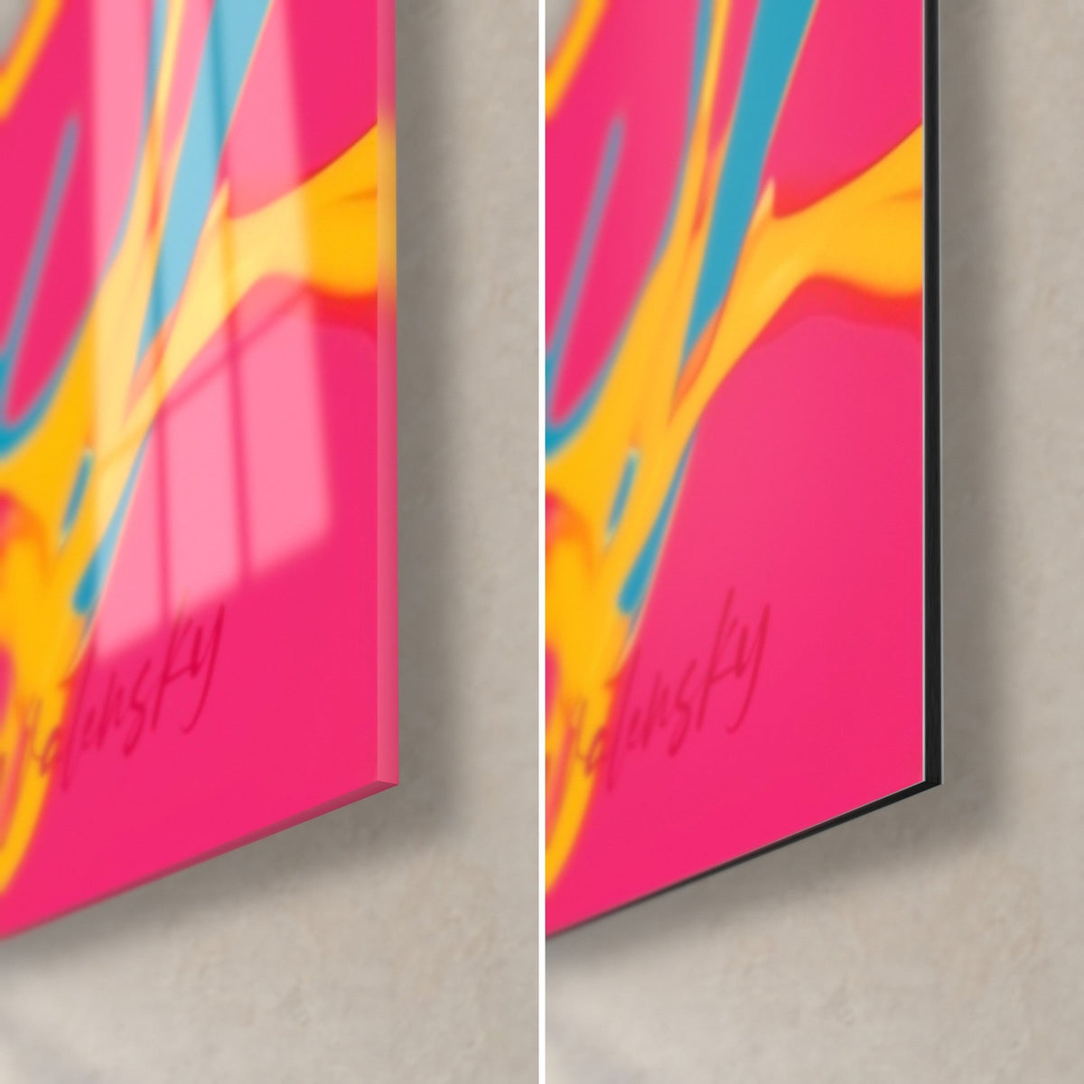 Tableau canard orange, coin bas droit : verre brillant à gauche, Dibond mat à droite, rose fuchsia et jaune, tranche 3 mm