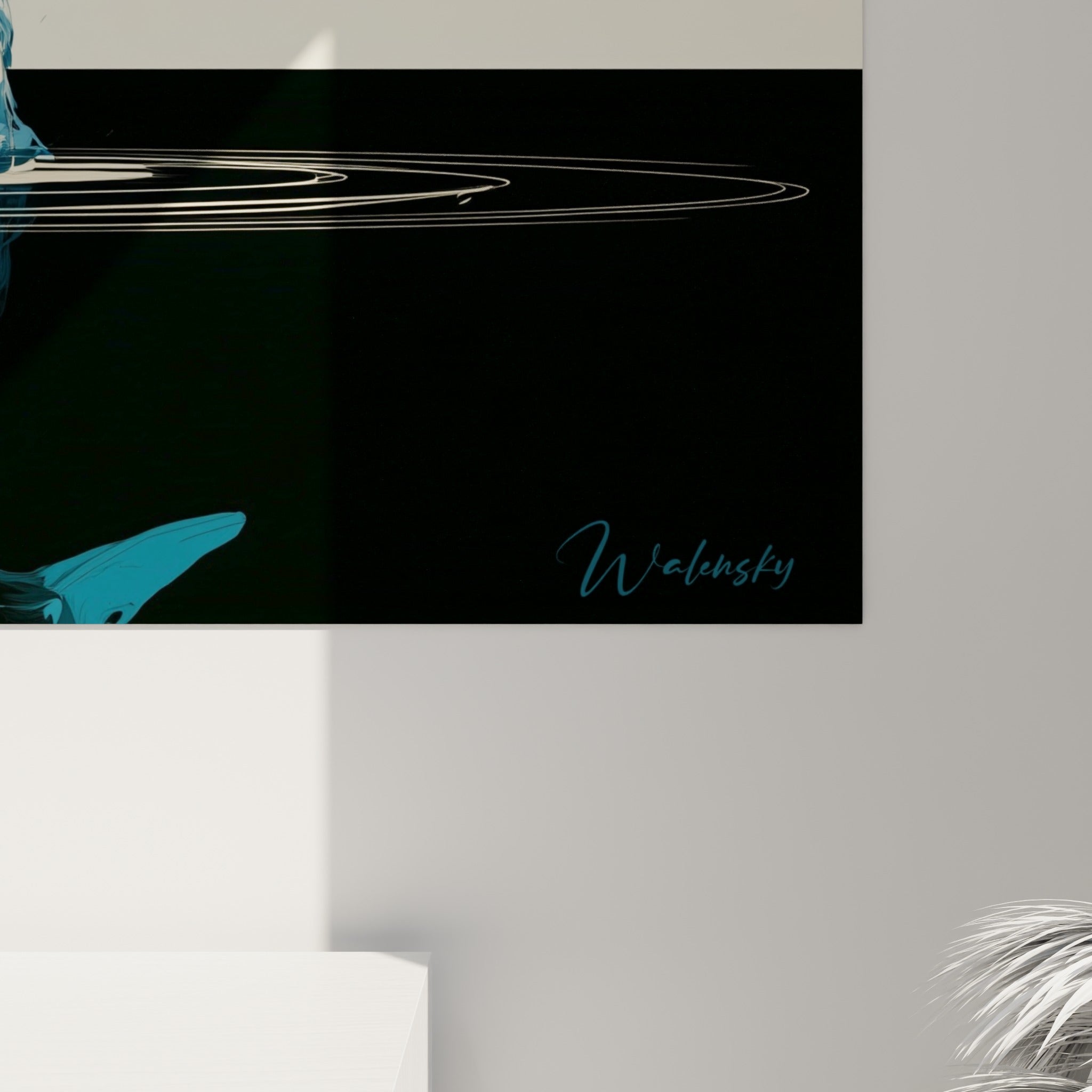 Détail des empâtements bleu marine et ivoire du canard, matière fluide et grain visible de l'impression