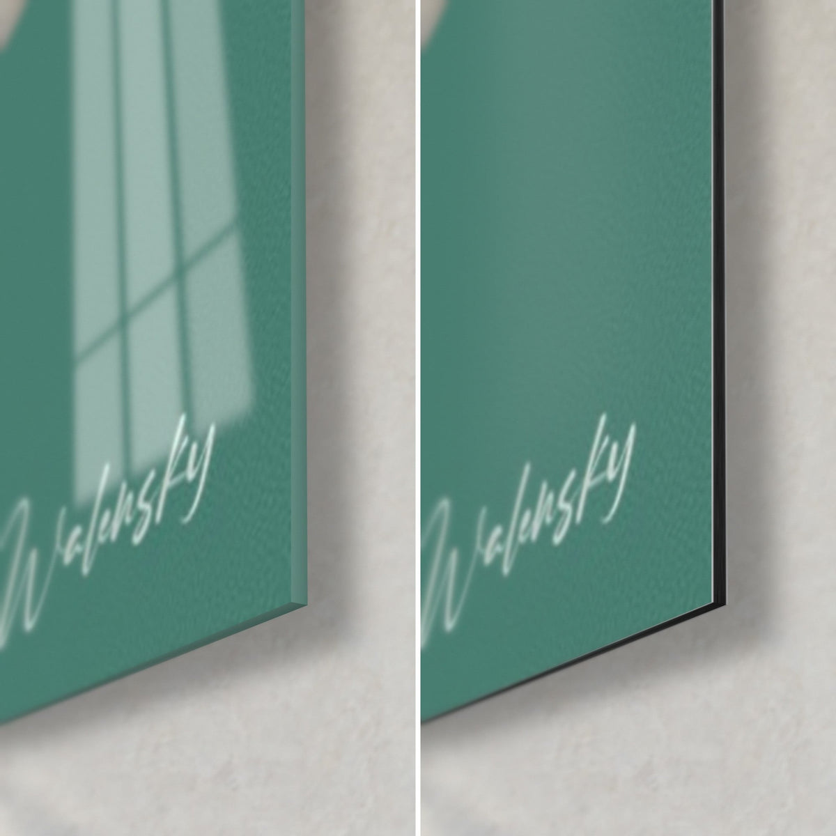 Tableau oiseau blanc sur eau verte, coin bas droit en verre brillant et Dibond noir mat, signature Walensky blanche, tranche de 3 mm