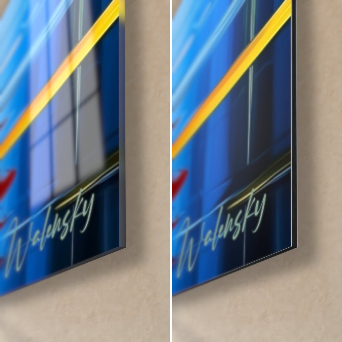 Quadro di un germano reale in pittura vivace, angolo in basso a destra: vetro acrilico lucido blu e giallo a sinistra, Dibond opaco a destra, bordo di 3 mm