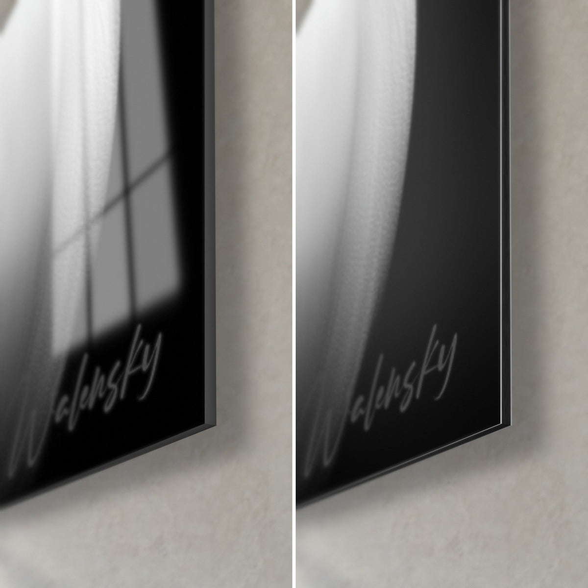 Tableau canard blanc, coin bas droit : verre acrylique brillant aux reflets de fenêtre, alu Dibond mat noir, tranche de 3 mm