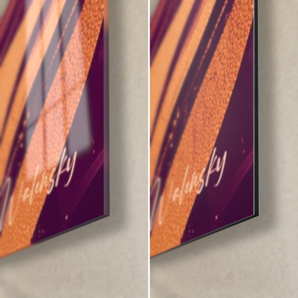 Schilderij paarse waterVogel, rechtsonder hoek in glanzend glas en mat Dibond-aluminium, korrelige oranje streep, Walensky-handtekening en rand van 3 mm