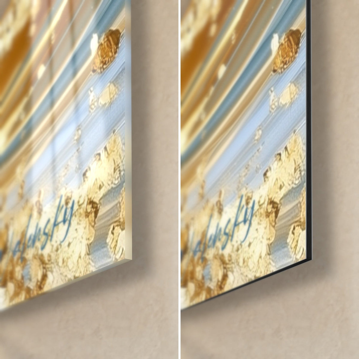 Tableau canard doré aux éclats de feuille d'or, coin bas droit : verre acrylique brillant reflétant la lumière, alu Dibond noir mat et tranche de 3 mm