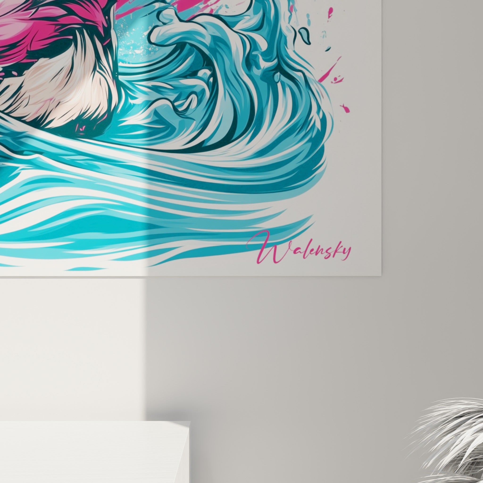 Détail des empâtements roses et bleus sur le plumage et les vagues éclaboussées du canard