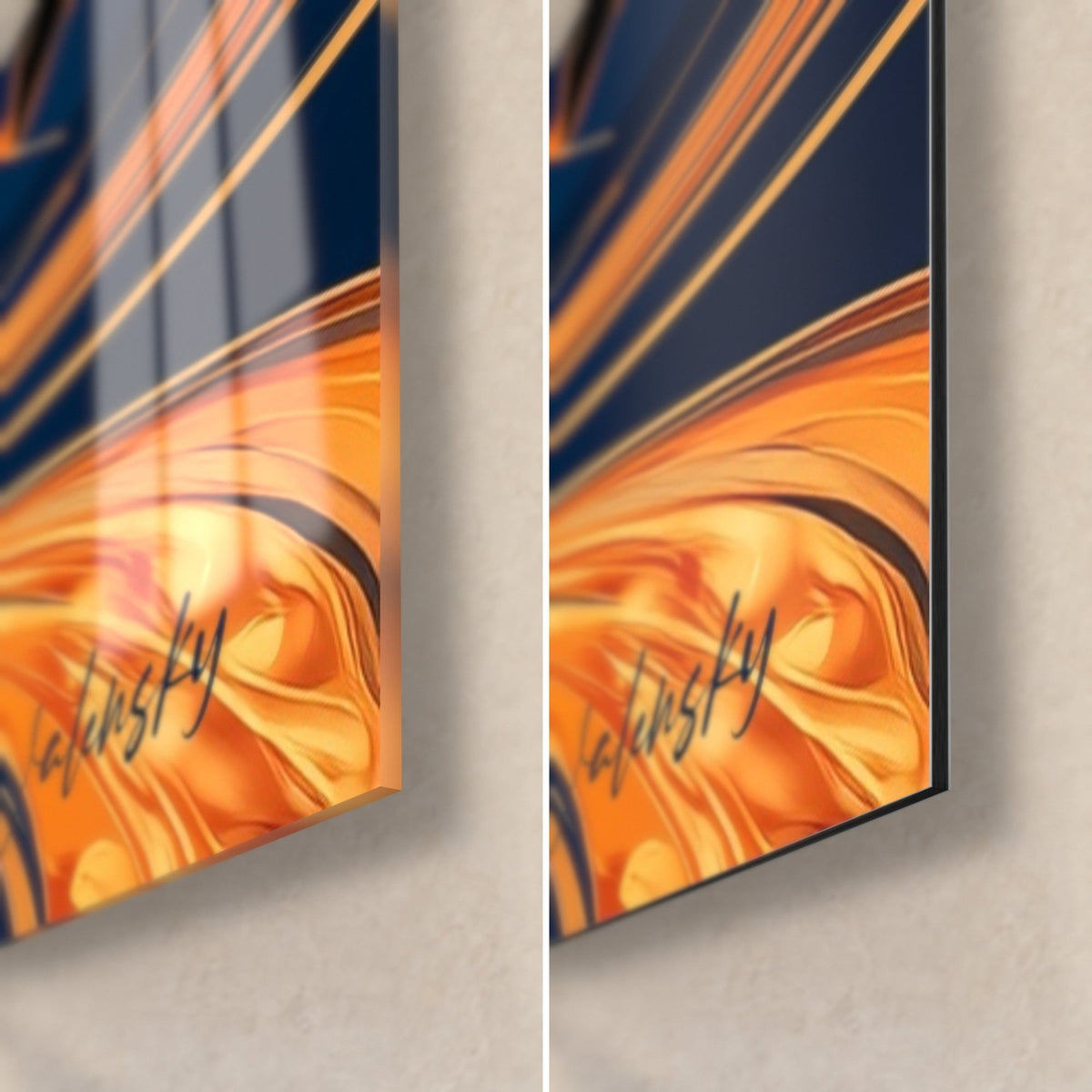 Tableau oiseau d'eau marine et orange, coin bas droit, verre acrylique brillant à gauche, Dibond mat à droite, tranche de 3 mm