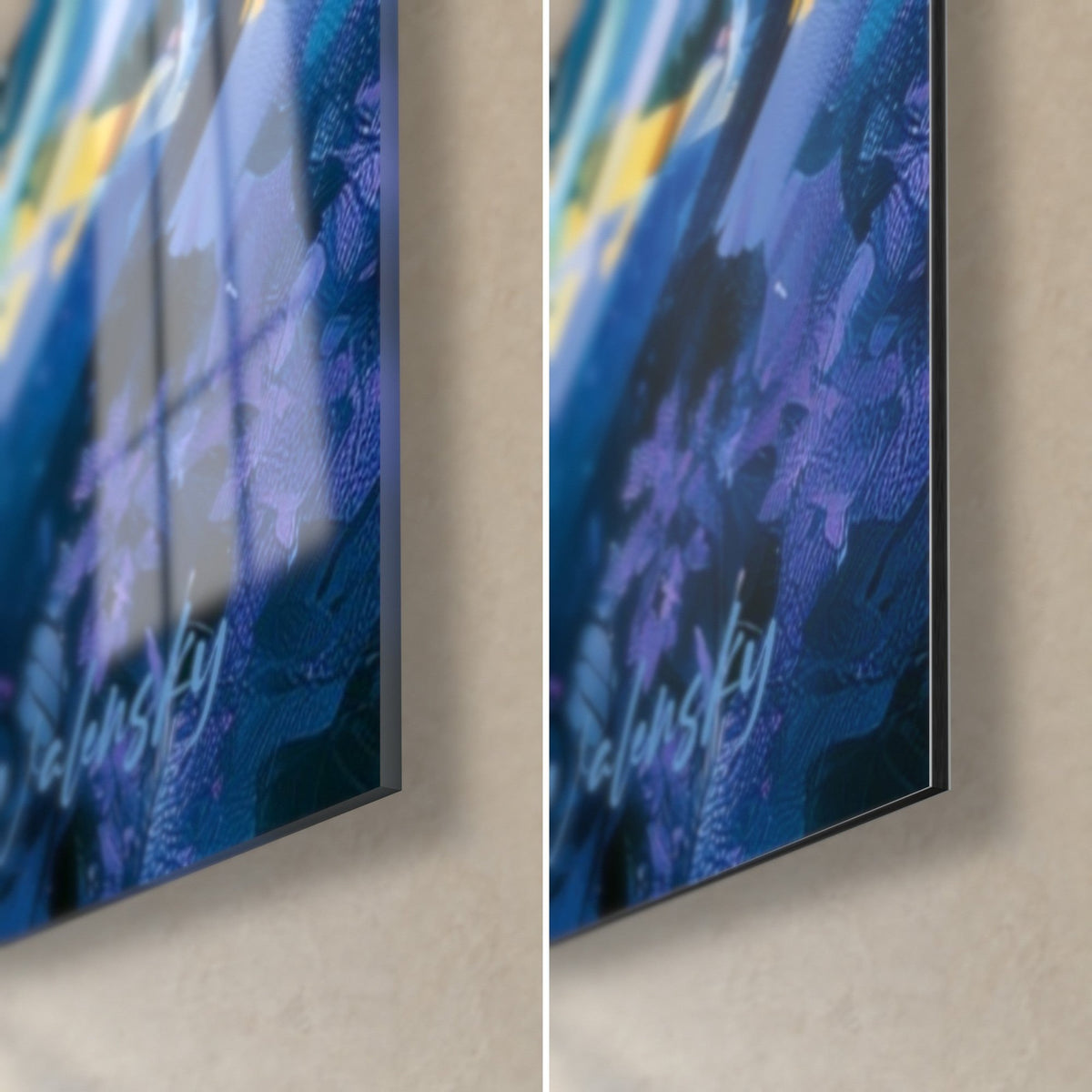 Quadro di uccello acquatico in onde blu notte e oro, angolo in basso a destra: vetro acrilico lucido a sinistra, Dibond opaco a destra, spessore 3 mm