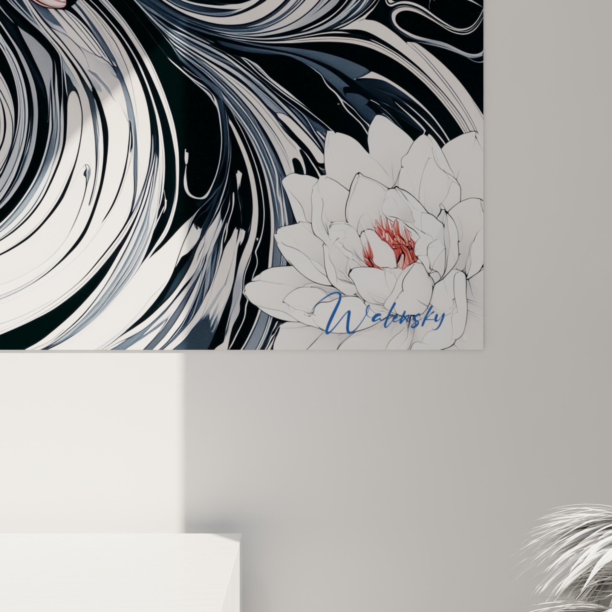 Détail des tourbillons gris et noirs et du plumage texturé blanc du canard visibles de près sur l'œuvre encadrée