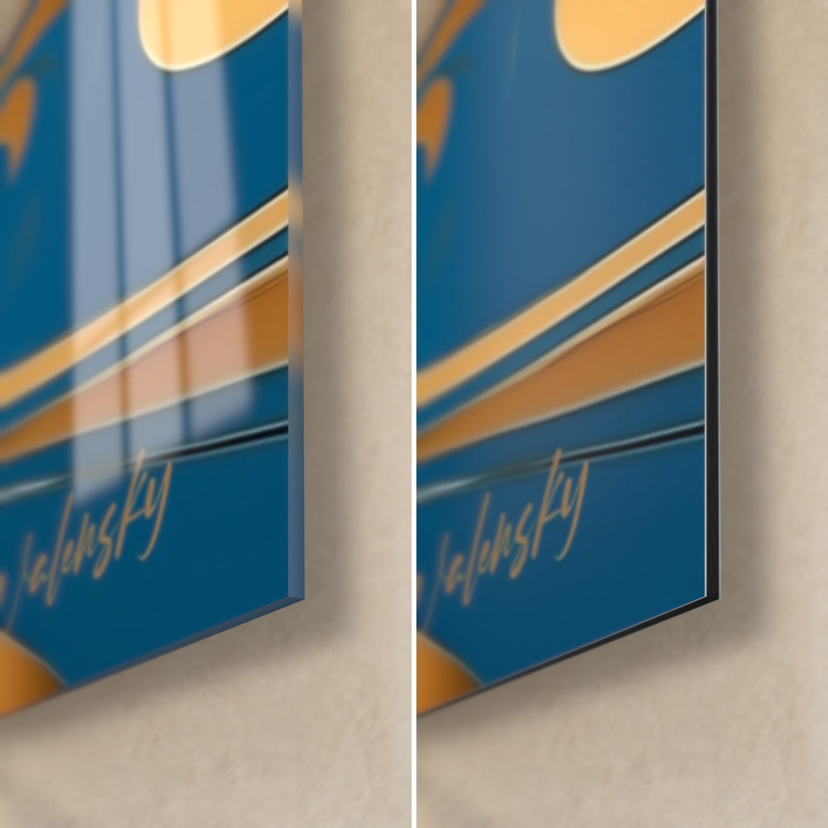 Gemälde Stockente, untere rechte Ecke: glänzendes blau-goldenes Acrylglas links, mattes Dibond rechts, 3 mm Kante