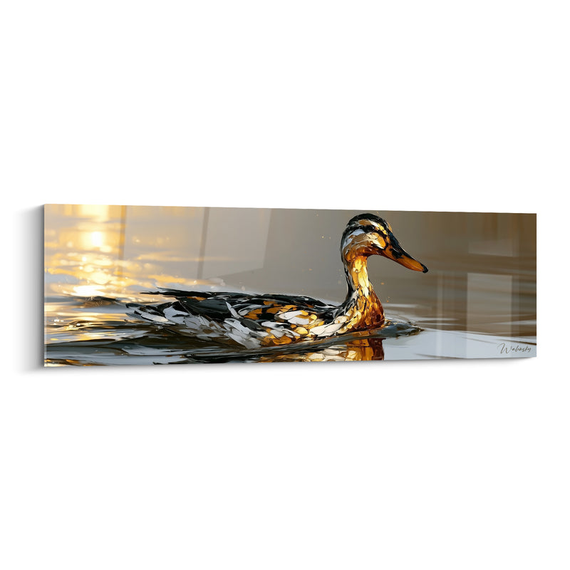 Tableau Canard doré et noir sur eau miroitante - Lumière rasante sur l'onde - Edition Canard