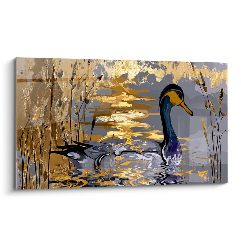 Tableau Canard doré nageant parmi les roseaux - Reflets du crépuscule - Edition Canard