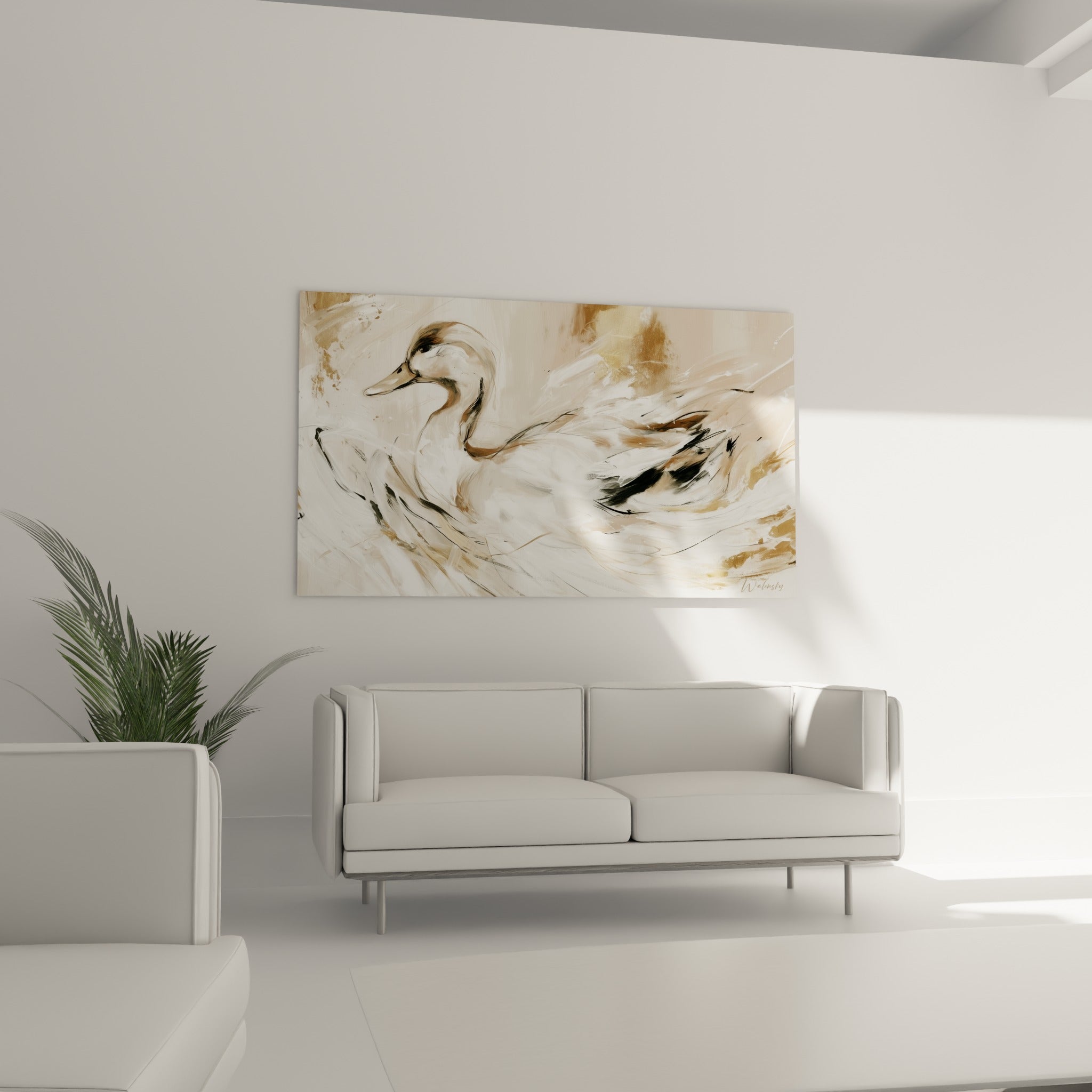 Canard beige et anthracite en mouvement pictural, suspendu au-dessus d'un canapé dans un salon lumineux