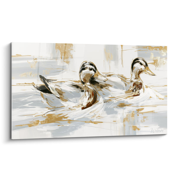White and Gold Ducks Swimming in Concert - Water Duo - Duck Edition